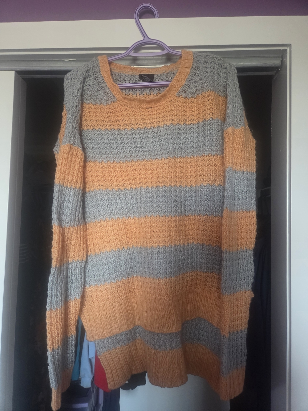 Rue21 Orange and Gray Striped Knit Crewneck Sweater